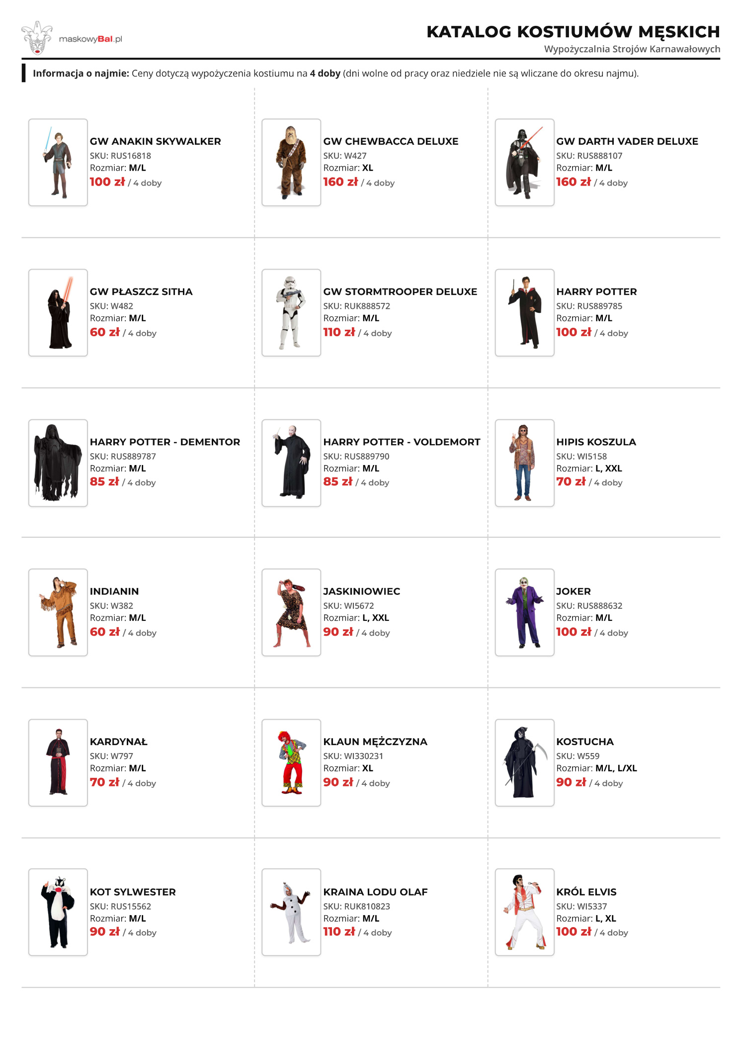 Katalog męski wypożyczalni strojów Maskowy Bal